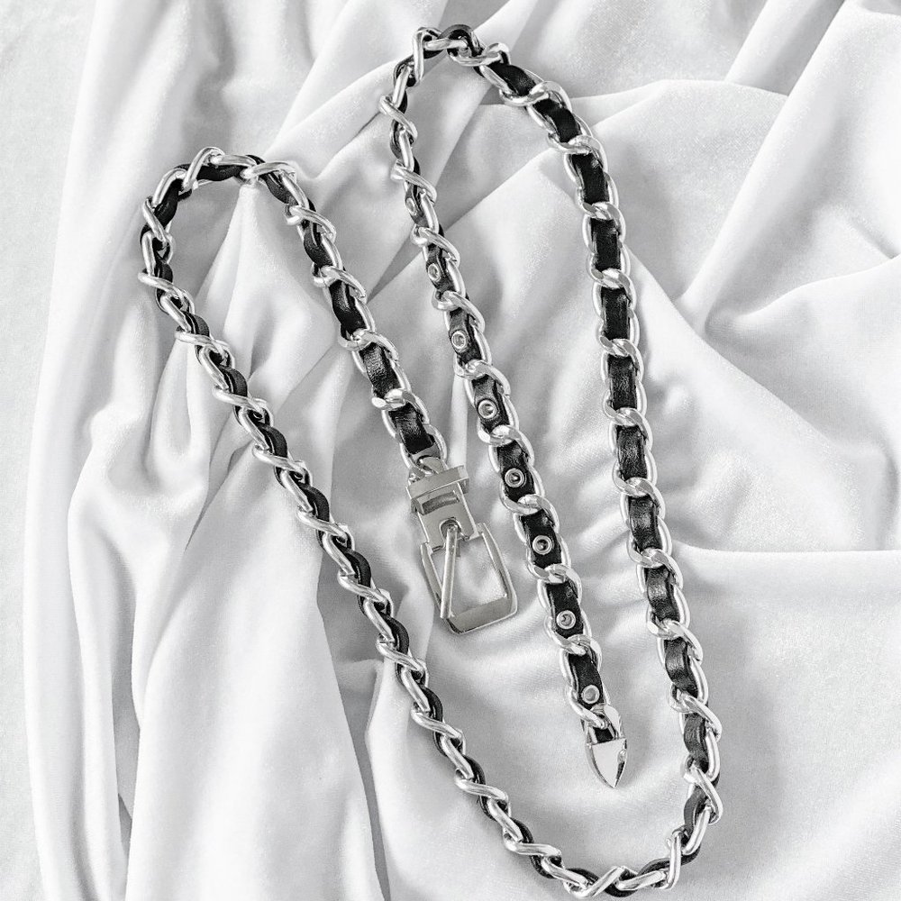 Chunky Black Faux Leather & Silver Metal Braided/Looked Waist Chain Belt